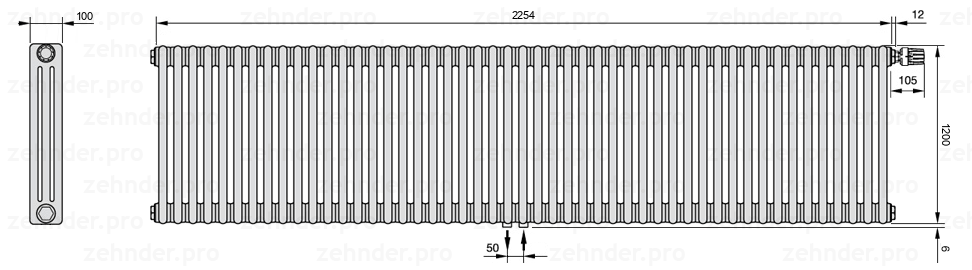 Схема (чертеж) Радиатор Zehnder Charleston 3120/49 №V008 Белый глянцевый RAL 9016